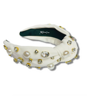 White Twill Headband with Pearls & Crystals
