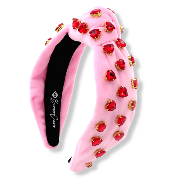 Hot Pink Velvet Headband with Red Crystal Hearts