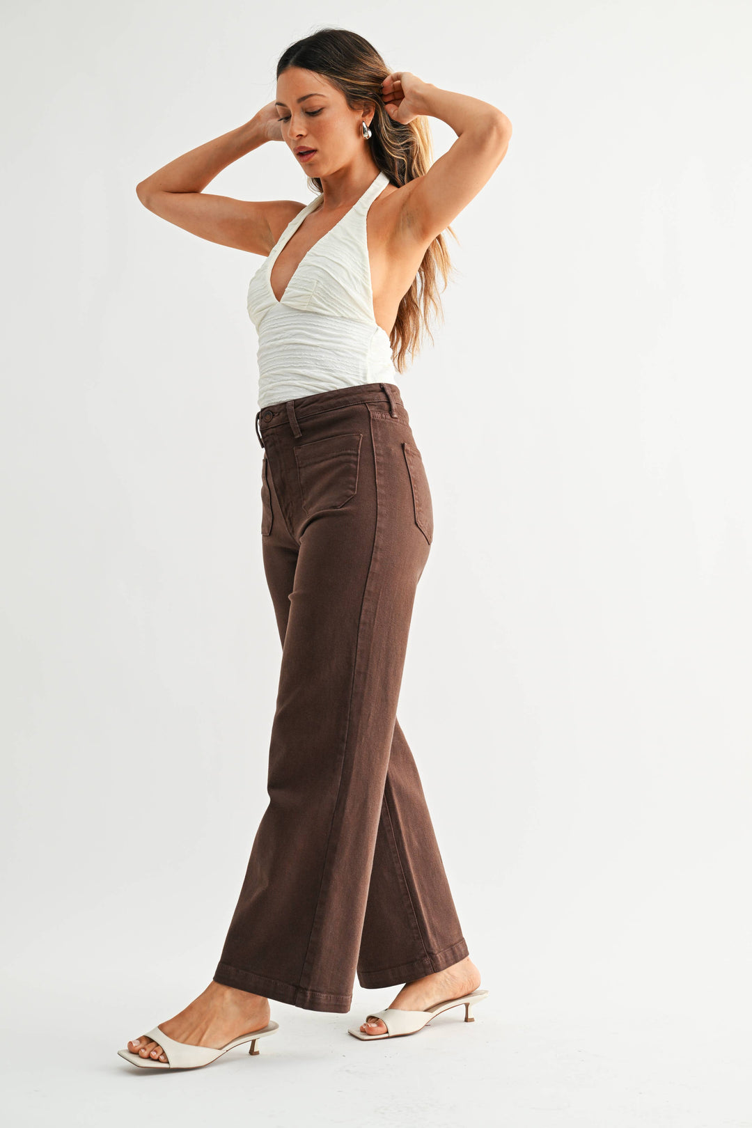 Patch Pocket Wide Leg Denim | Dark Brown