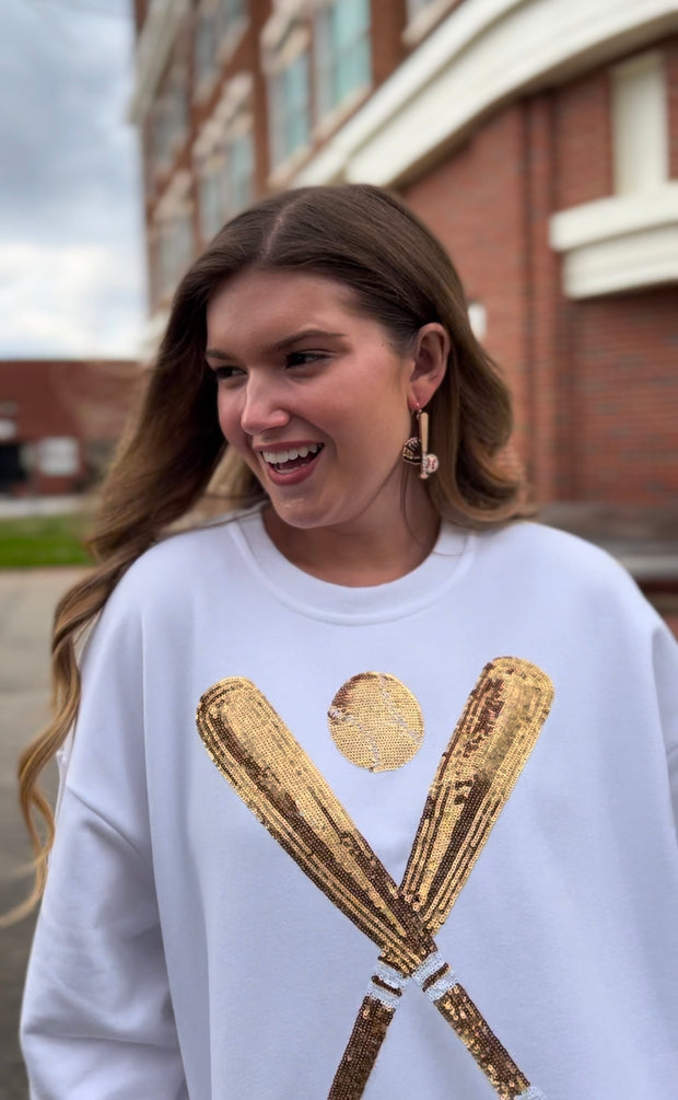 White and Gold Sequin Baseball Sweatshirt