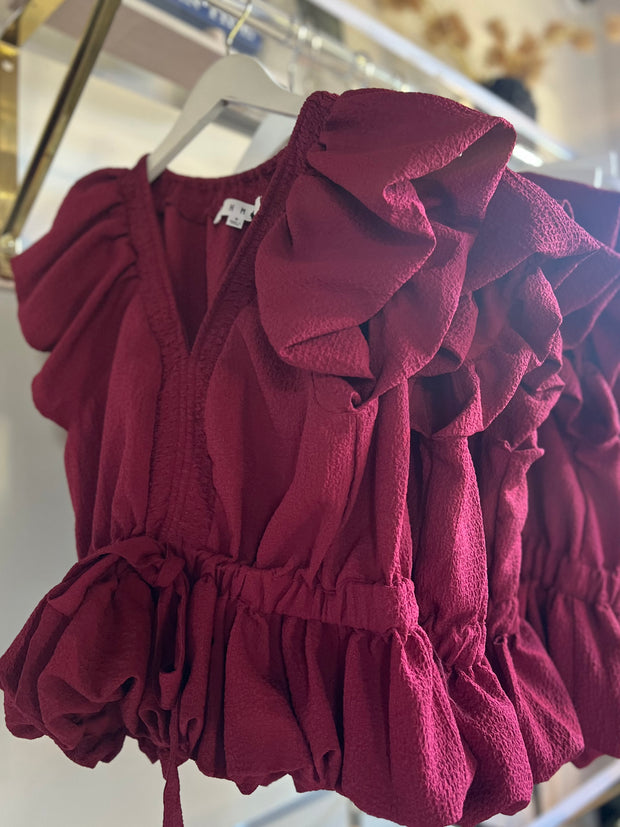Fan Flutter Sleeve Top | Garnet
