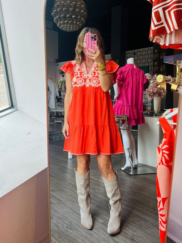 Teton Embroidered Dress | Orange