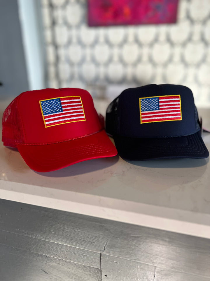 American Flag Patch Trucker Hat | RED