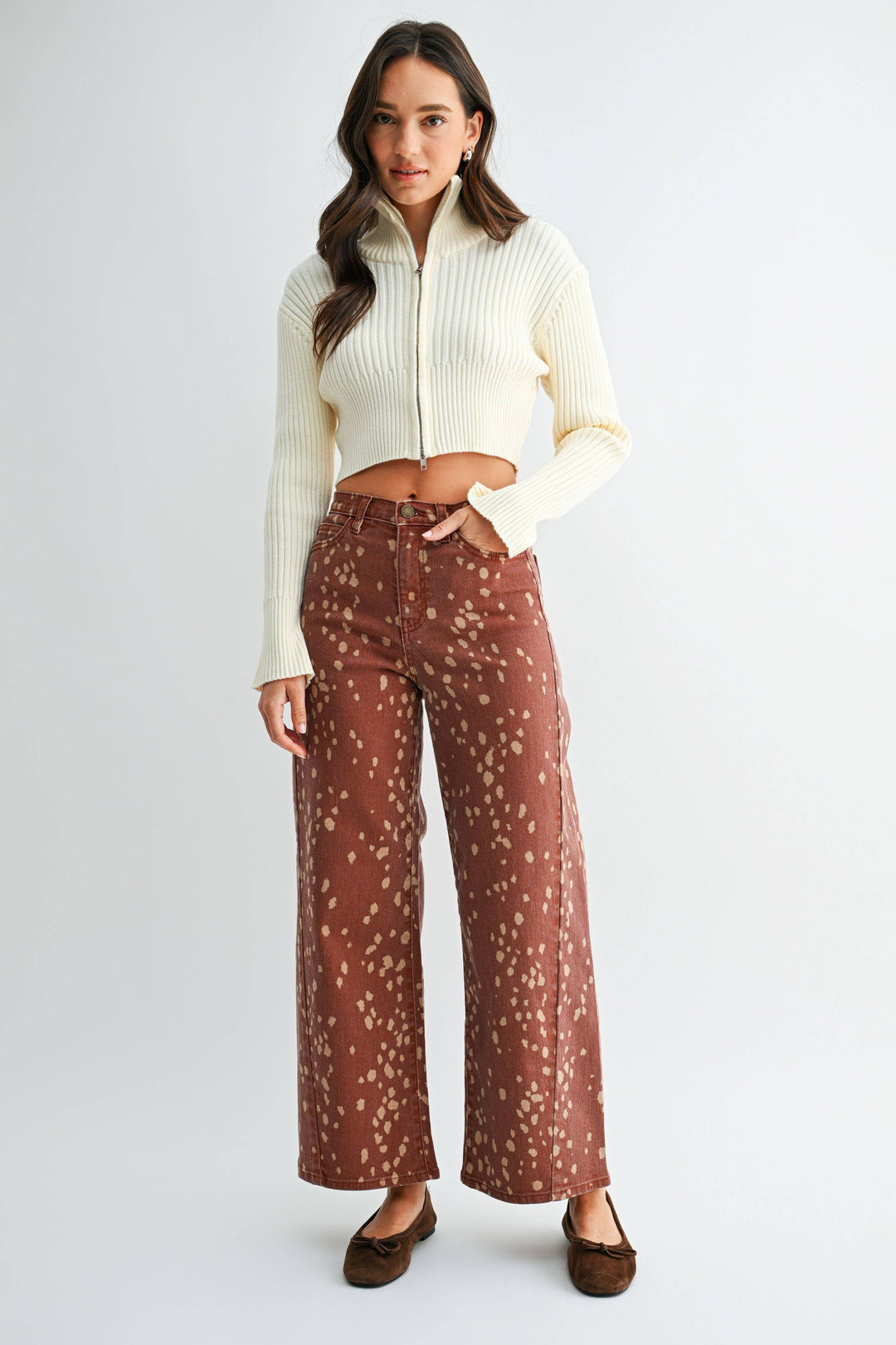 Printed Hem Seamed Slim Wide Leg | Deer Print