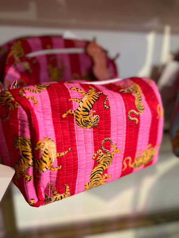 Quilted Cosmetic Bag | Red Pink Stripe Tigers