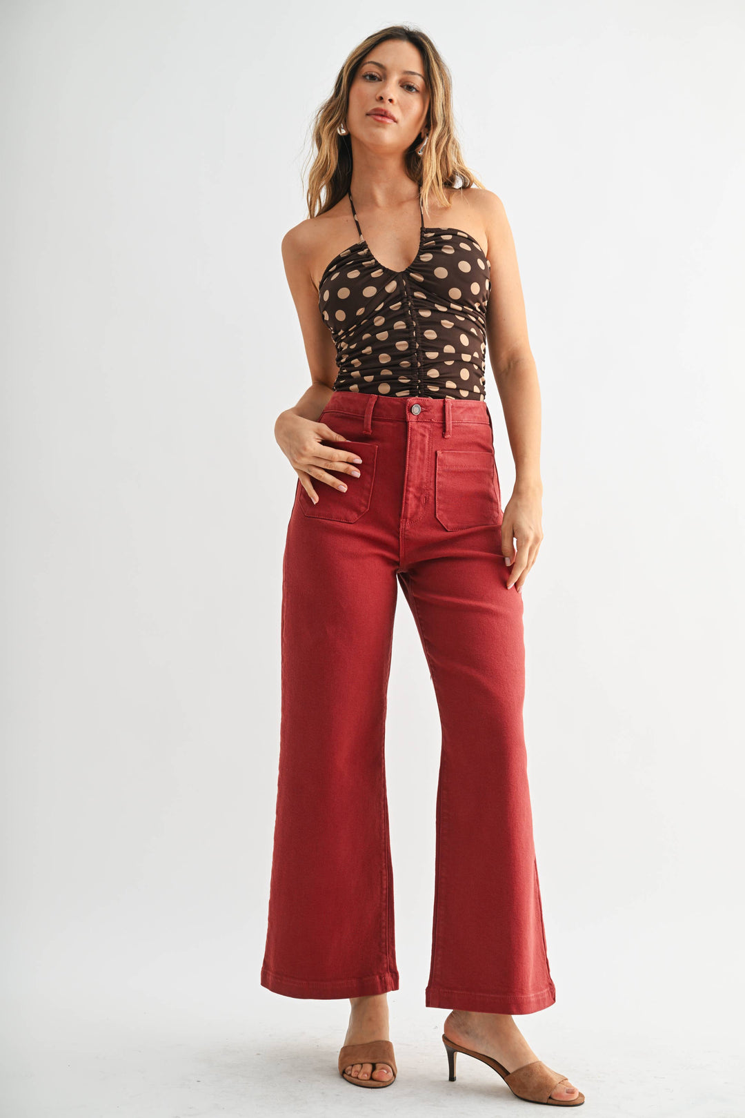 Patch Pocket Wide Leg Jeans | Burgundy