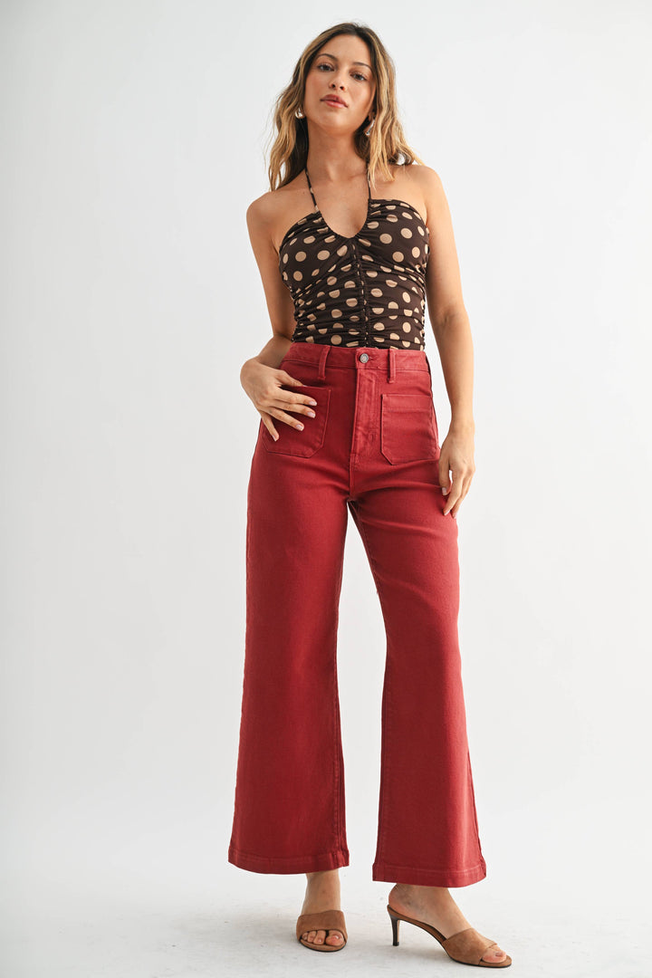 Patch Pocket Wide Leg Jeans | Burgundy