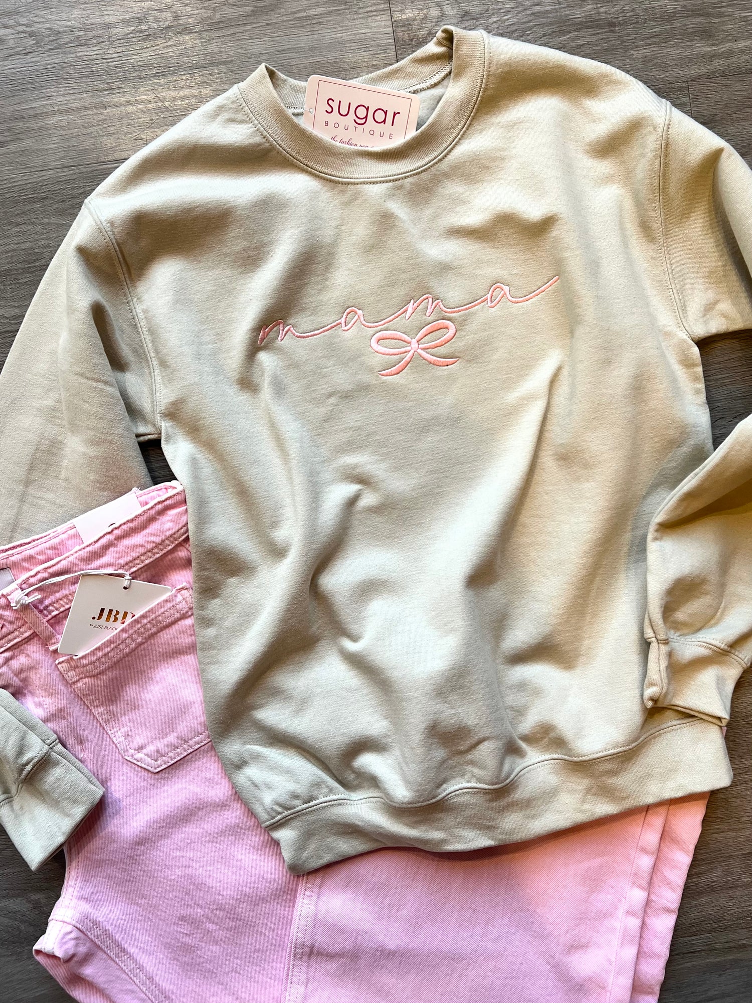 MAMA Bow Sweatshirt | Sand + Pink