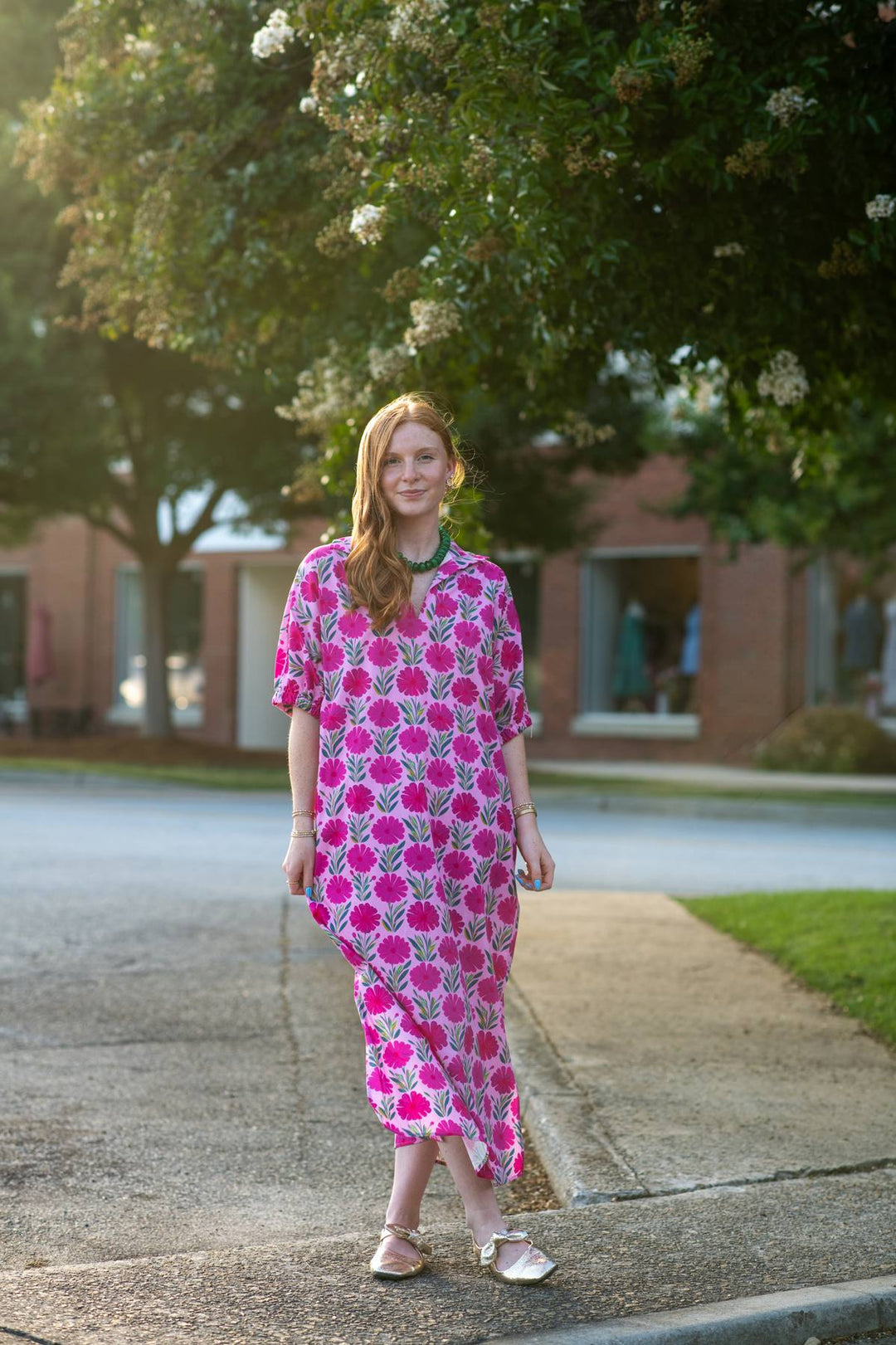 midi caftan dress Clara and hot pink Block Print Caftan Dress |