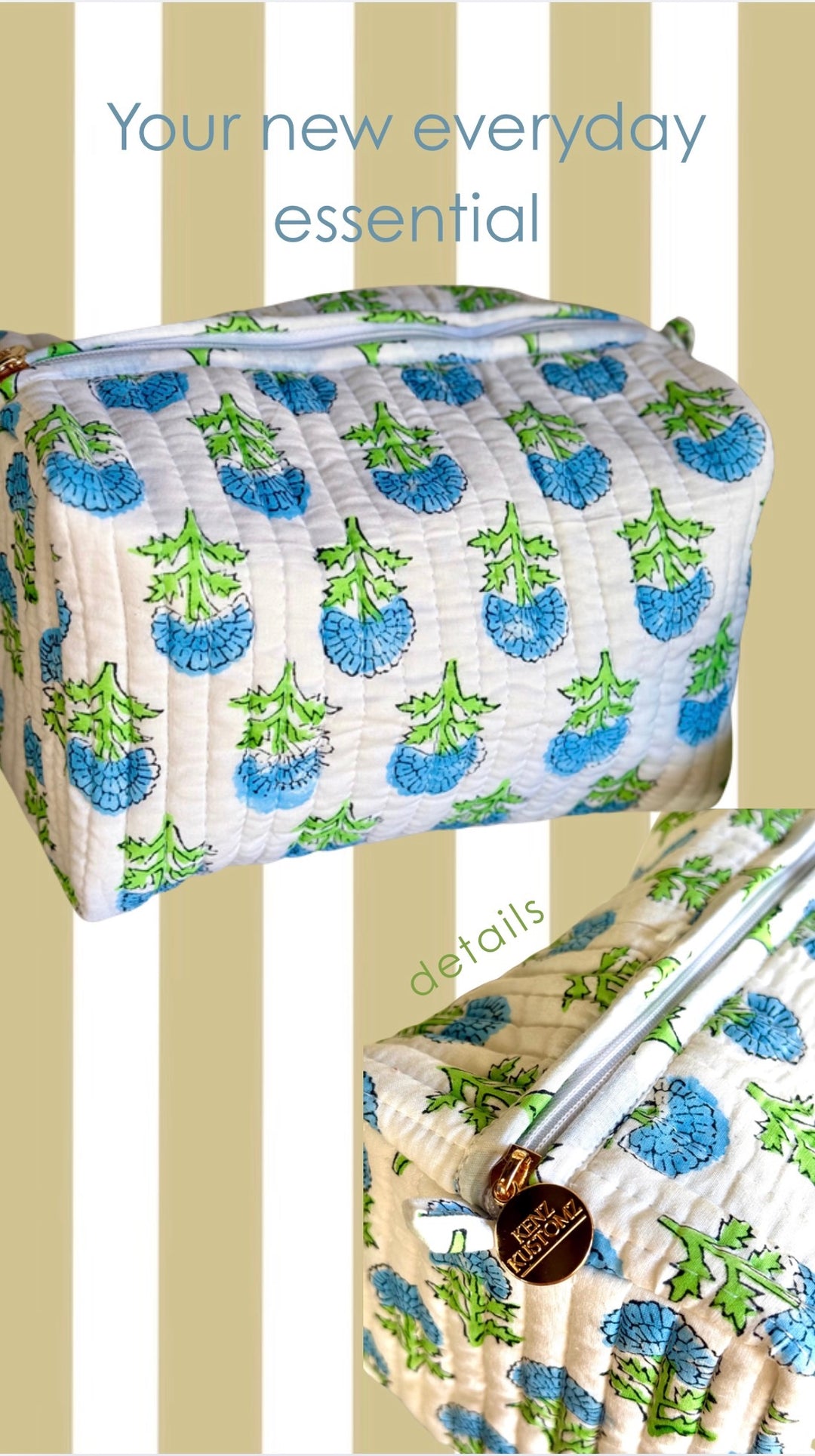 Quilted Block-Print Makeup Bag |Watercolor Wildflowers