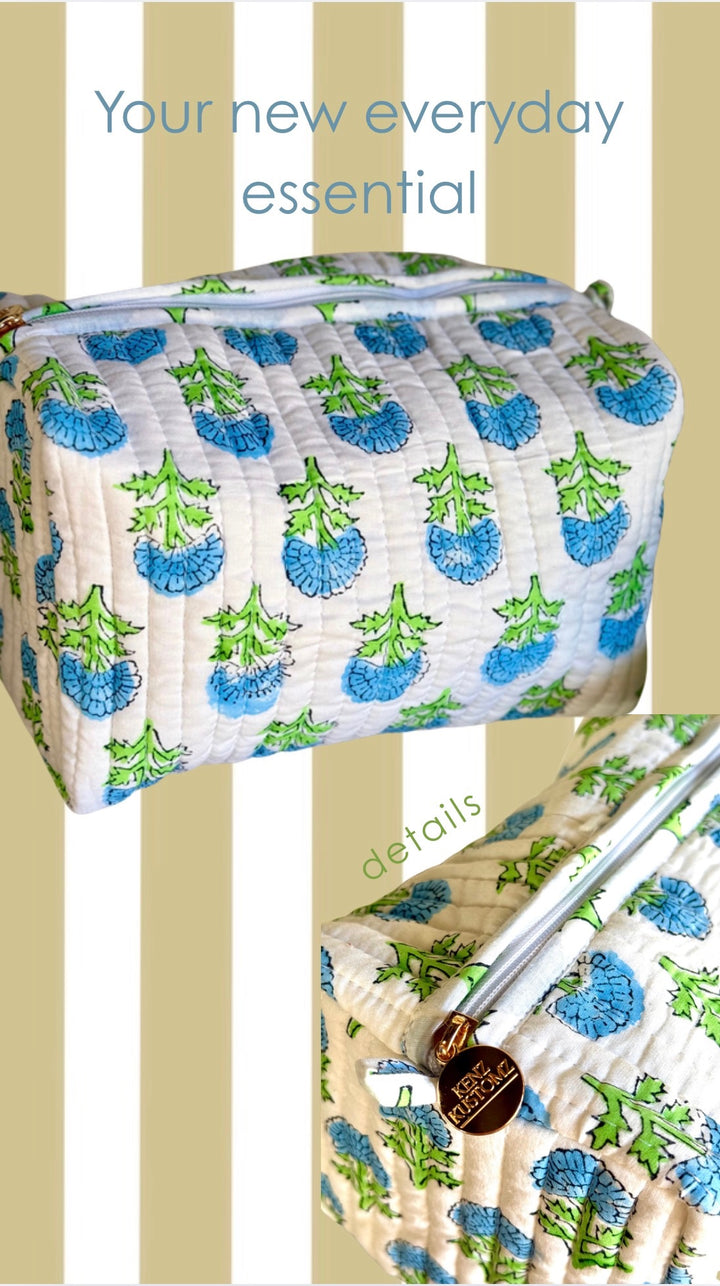 Quilted Block-Print Makeup Bag |Watercolor Wildflowers