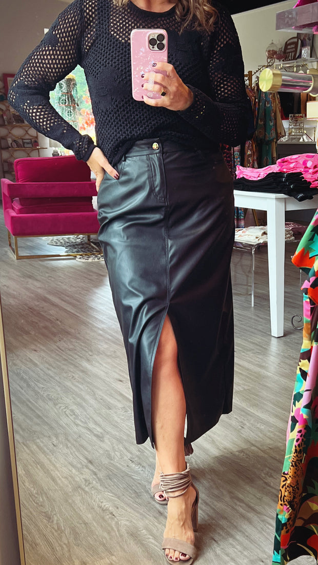 Marcie Vegan Leather Midi Skirt | Black