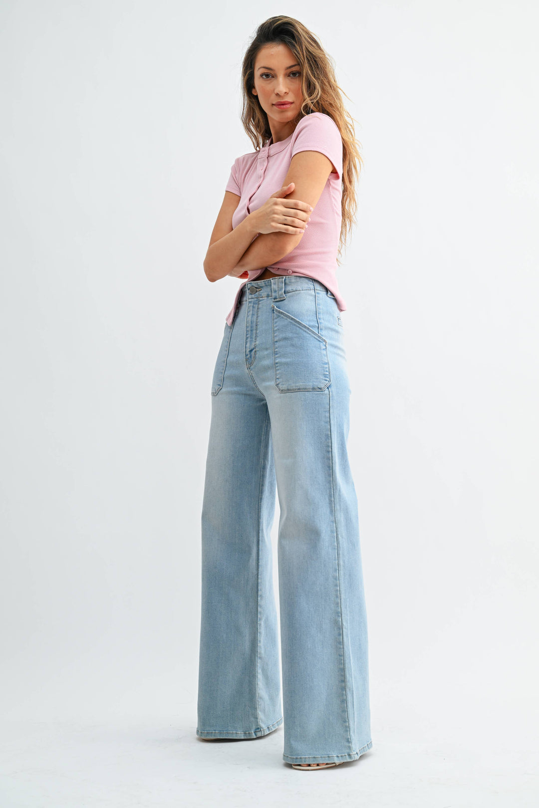 Patch Pocket Wide Leg Flare | Light Wash