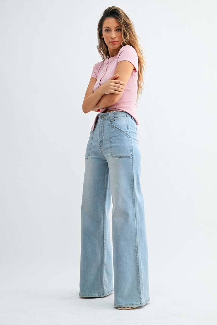 Patch Pocket Wide Leg Flare | Light Wash