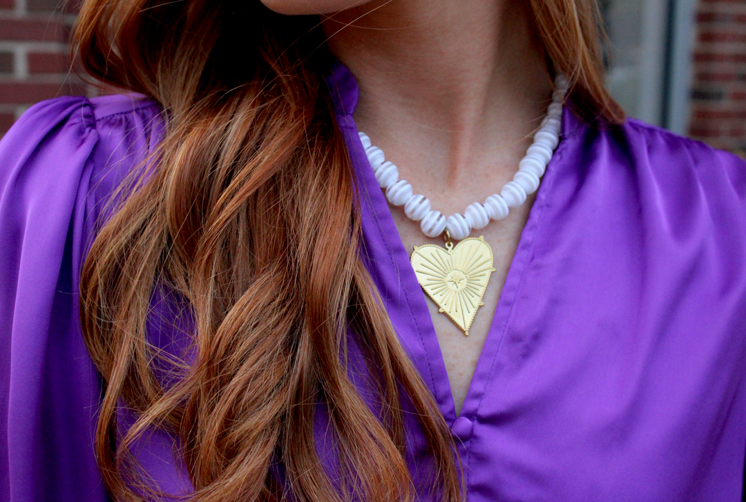 White Stripe Beaded Necklace | Heart