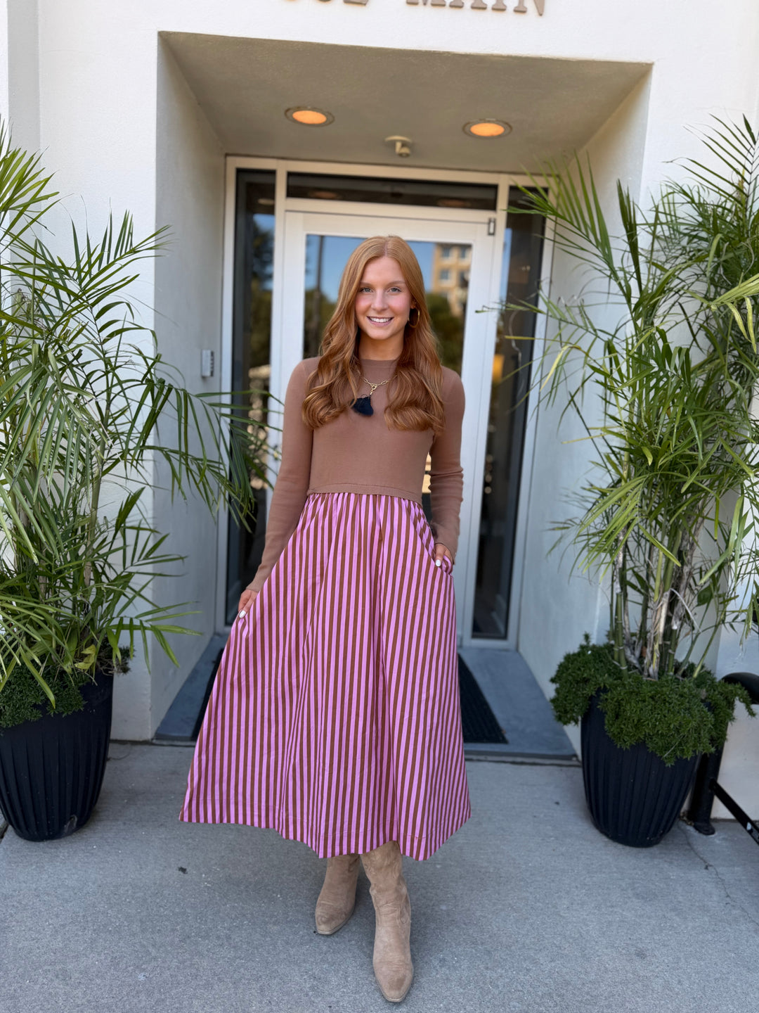 Camel Knit Striped Maxi Dress