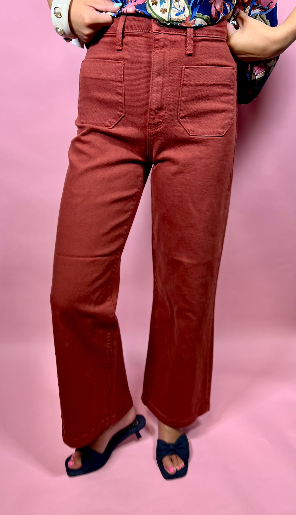 Patch Pocket Wide Leg Jeans | Burgundy