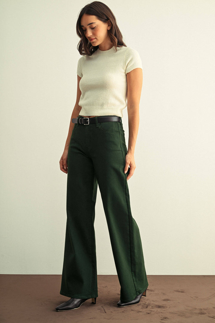 High Rise Stretchy Wide Leg Jeans | Forest Green