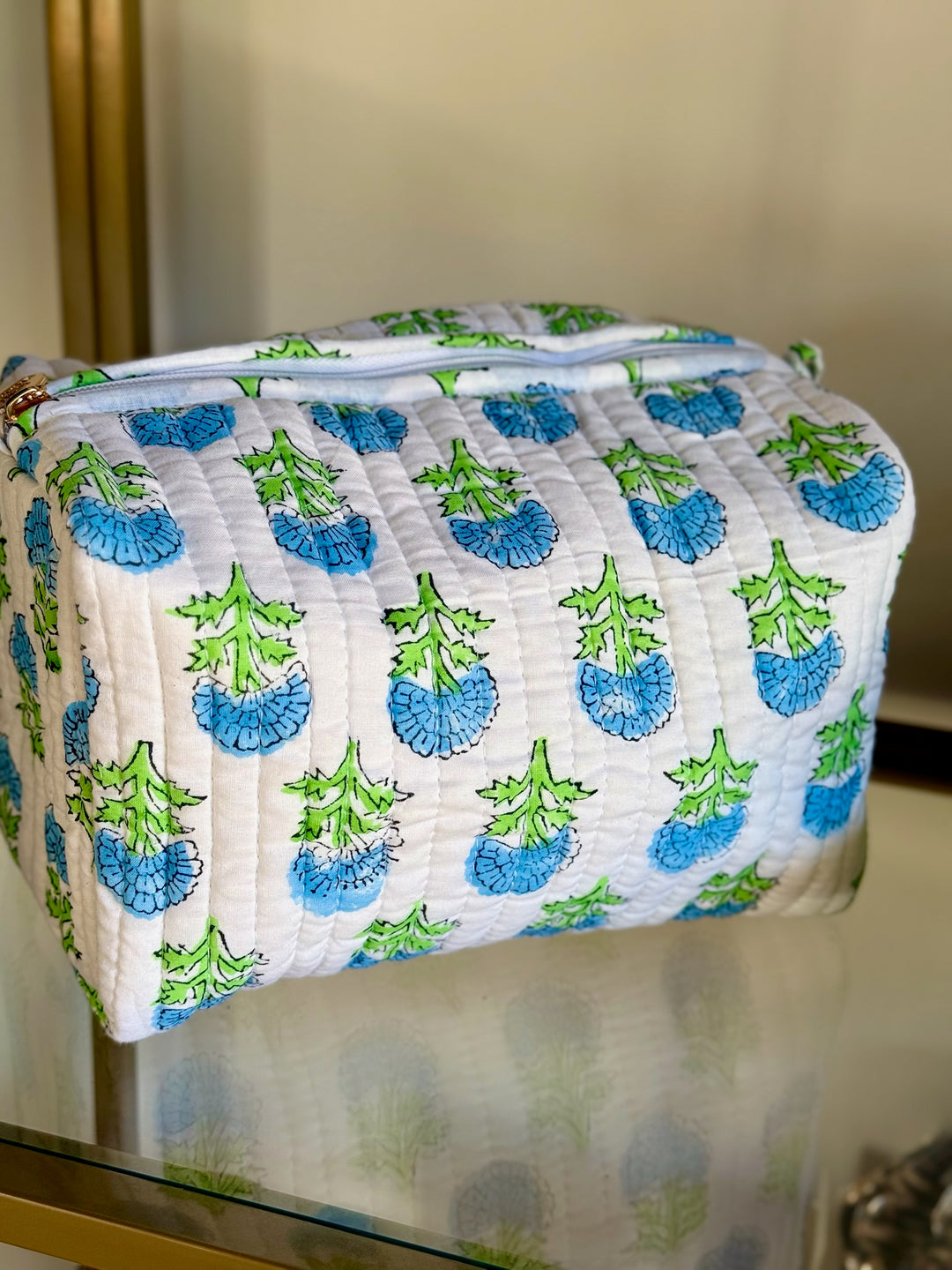 Quilted Block-Print Makeup Bag |Watercolor Wildflowers