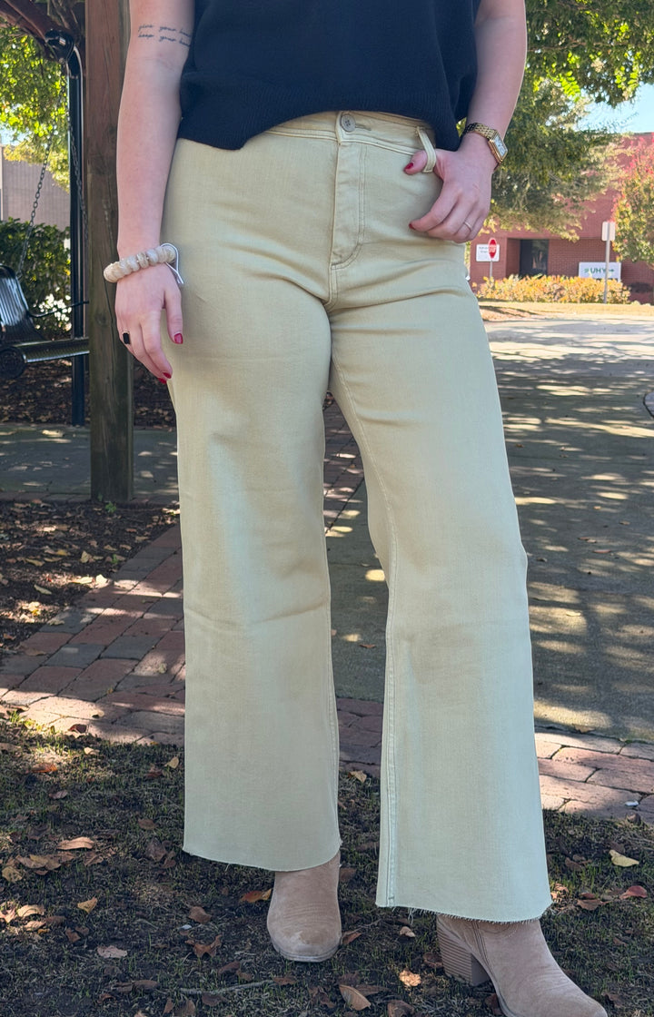 Waverly Straight Wide Leg Denim Pants | Olive Mist