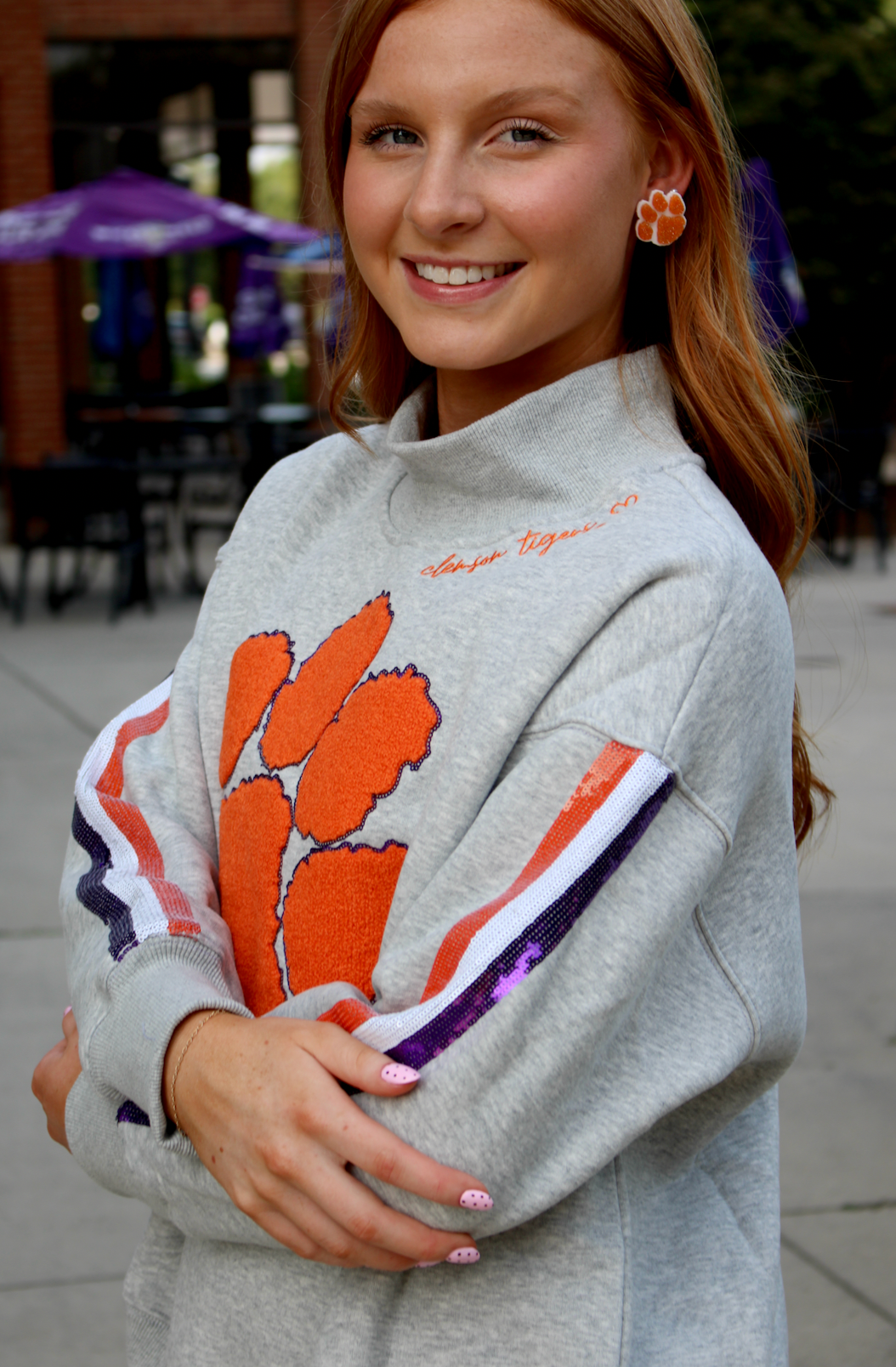 Mock Neck Sequin Stripe Sweatshirt | Clemson
