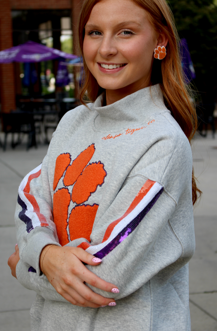 Mock Neck Sequin Stripe Sweatshirt | Clemson