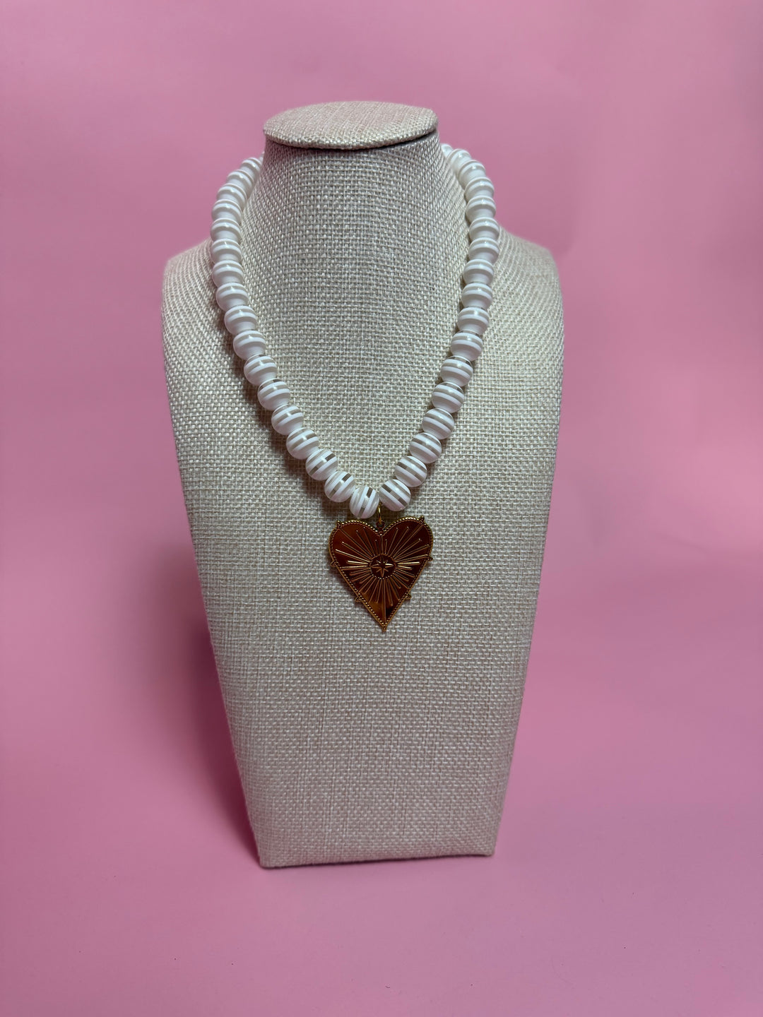 White Stripe Beaded Necklace | Heart