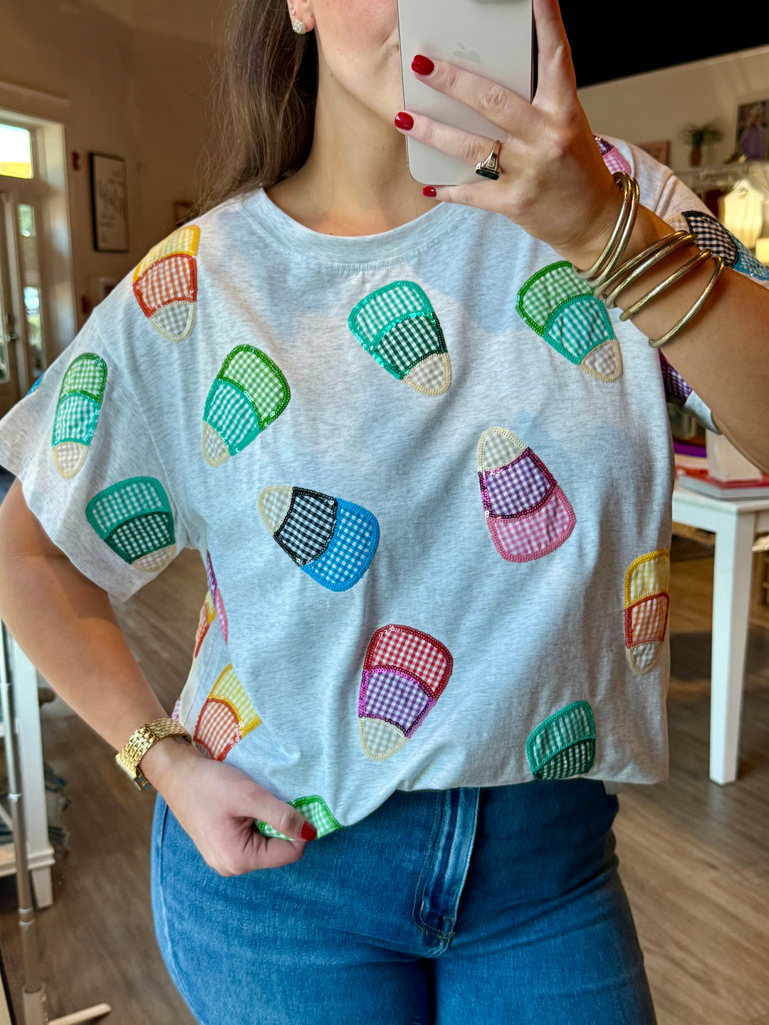 Multi Gingham Candy Corn Tee | Gray