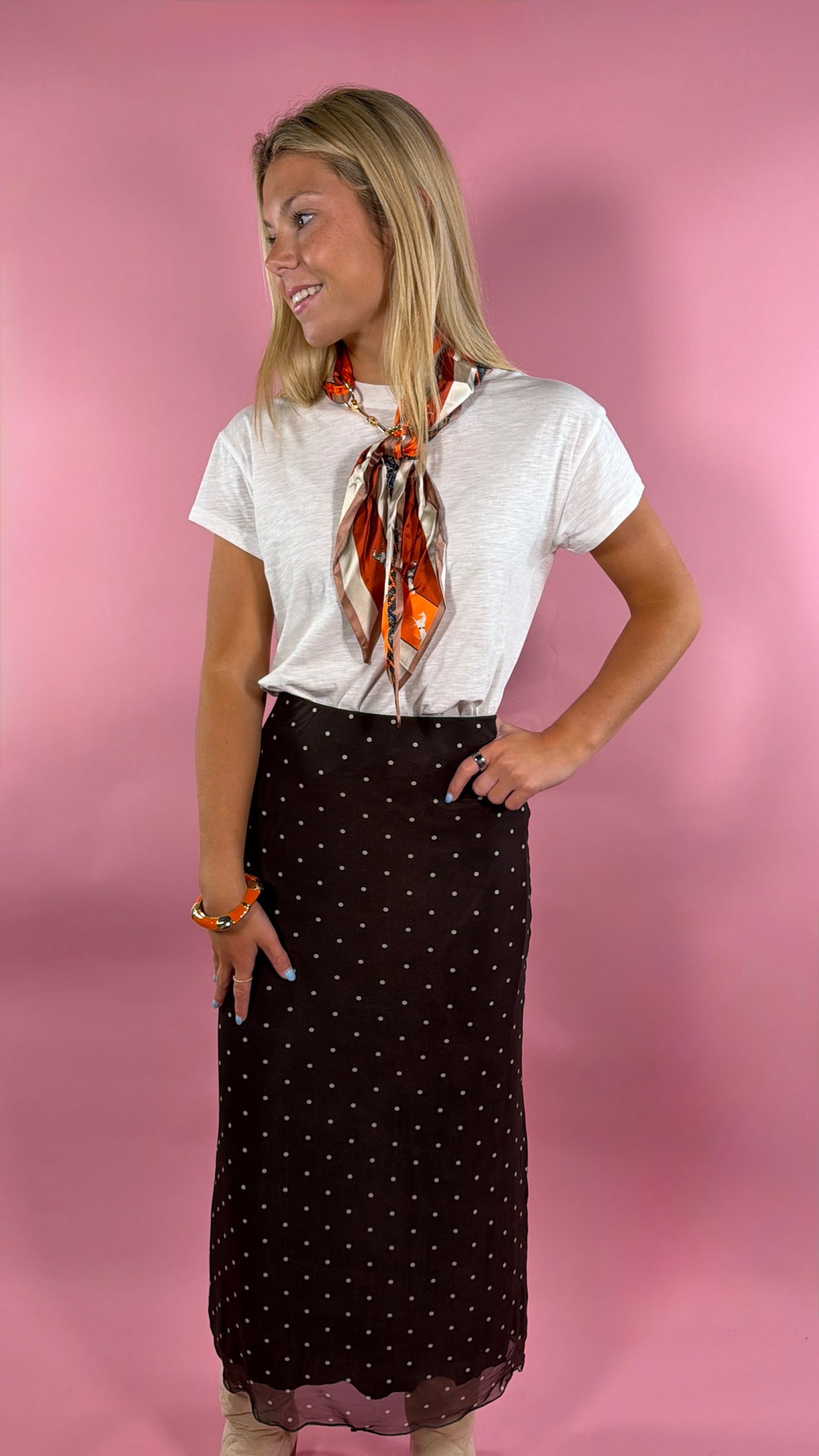 Eda Polka Dot Mesh Midi Skirt | Dark Chocolate
