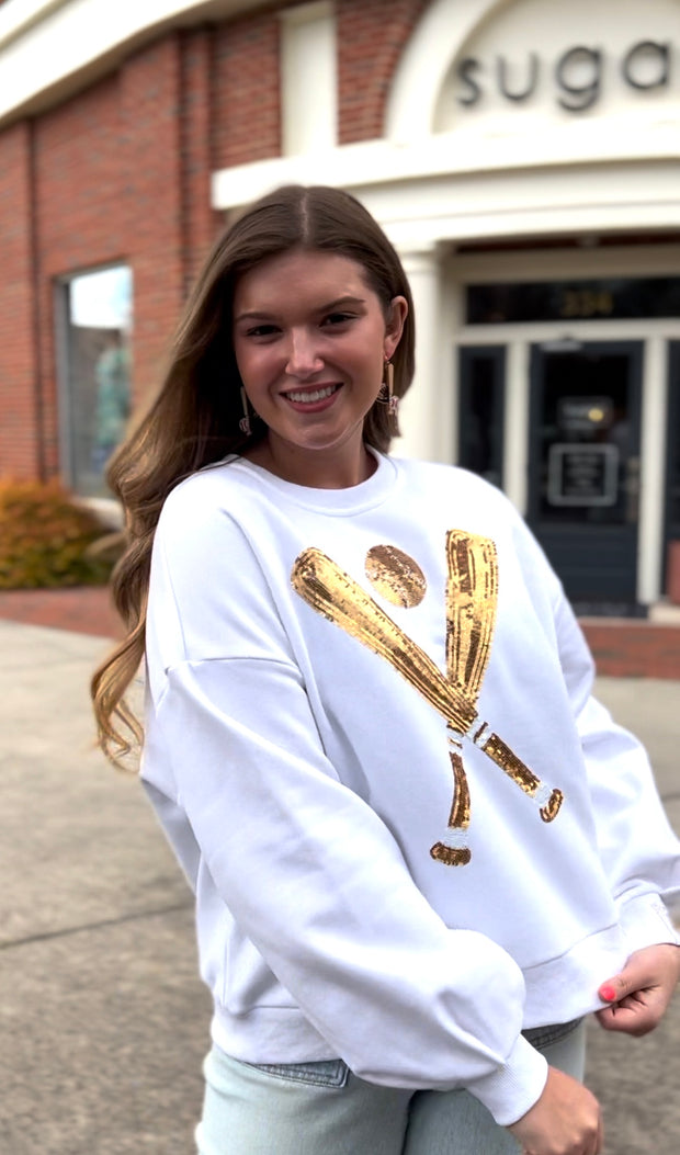 White and Gold Sequin Baseball Sweatshirt