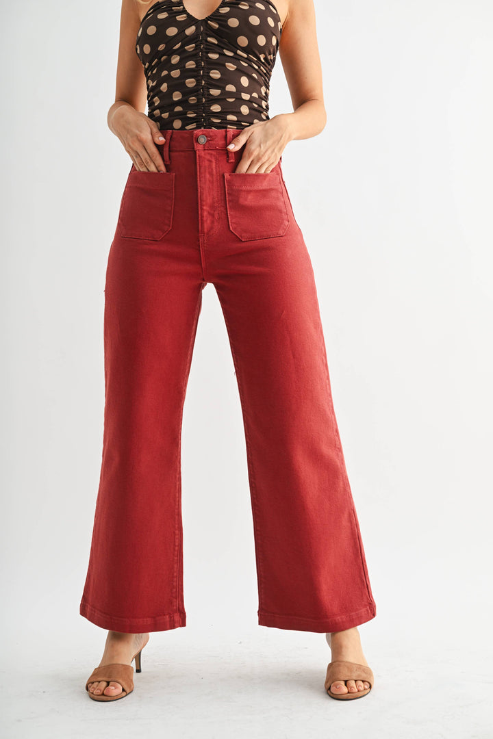 Patch Pocket Wide Leg Jeans | Burgundy