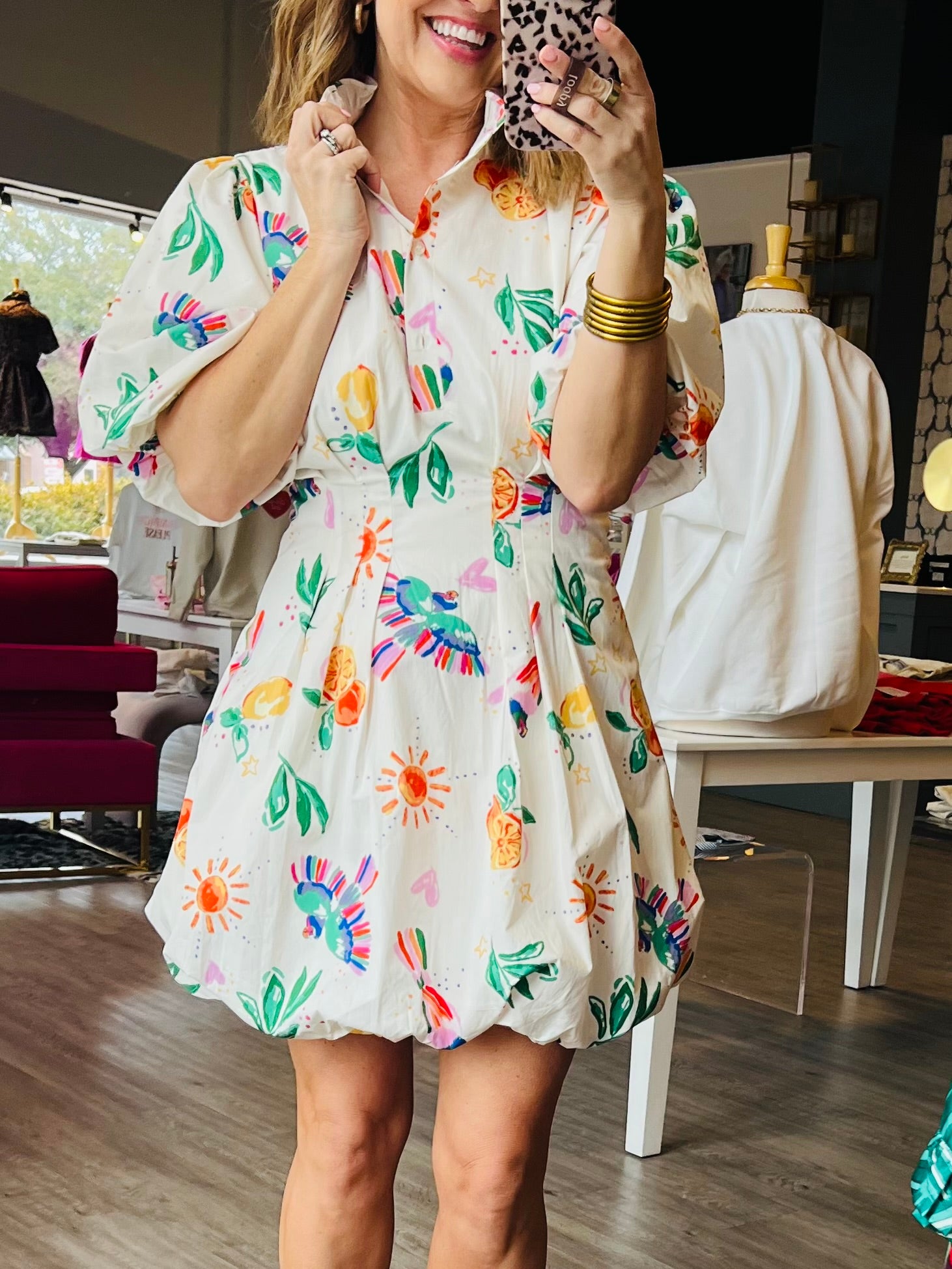 Toucan Fruit Bubble Hem Dress | White