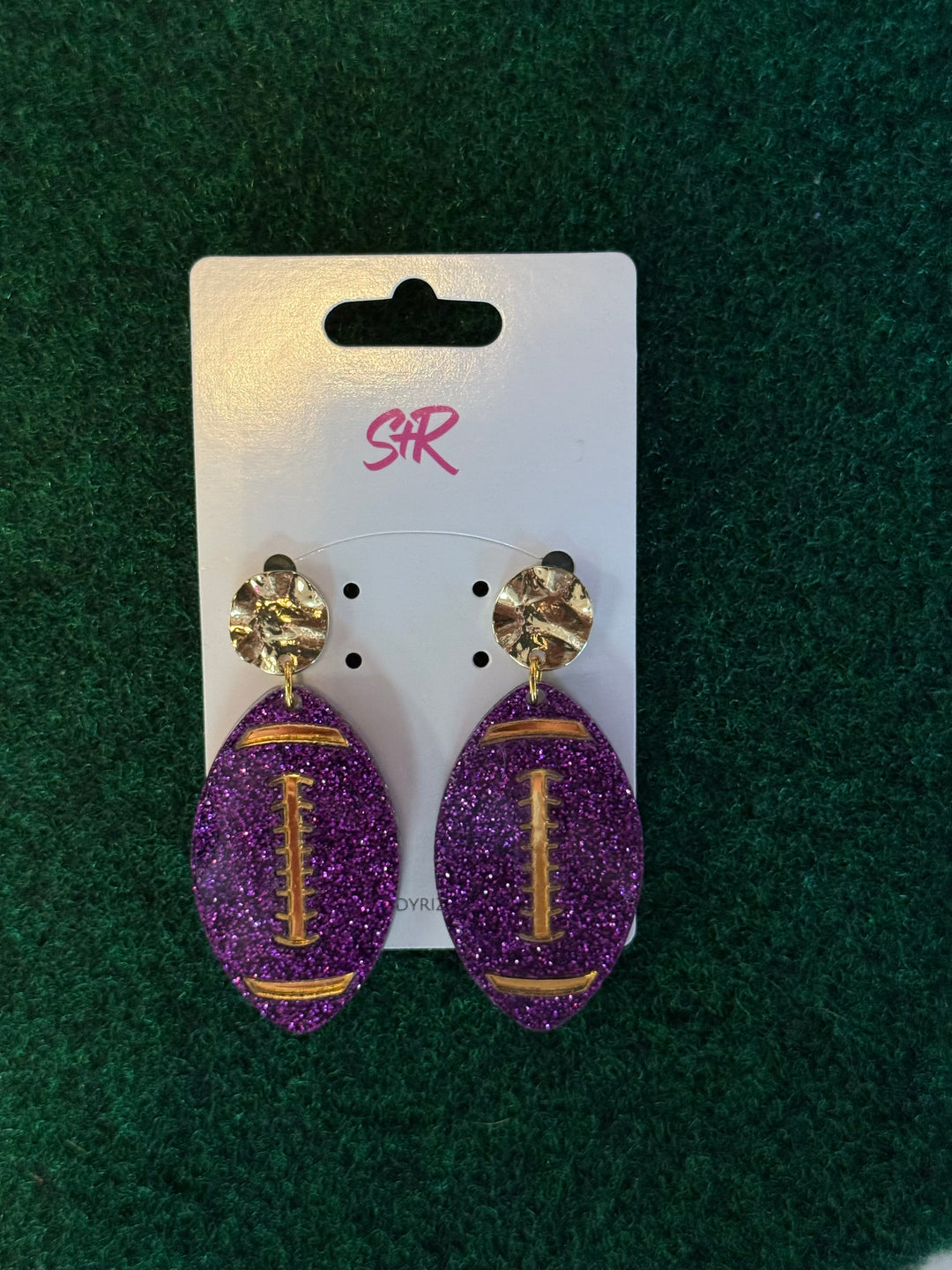 Purple Glitter Football with Gold Laces Earring