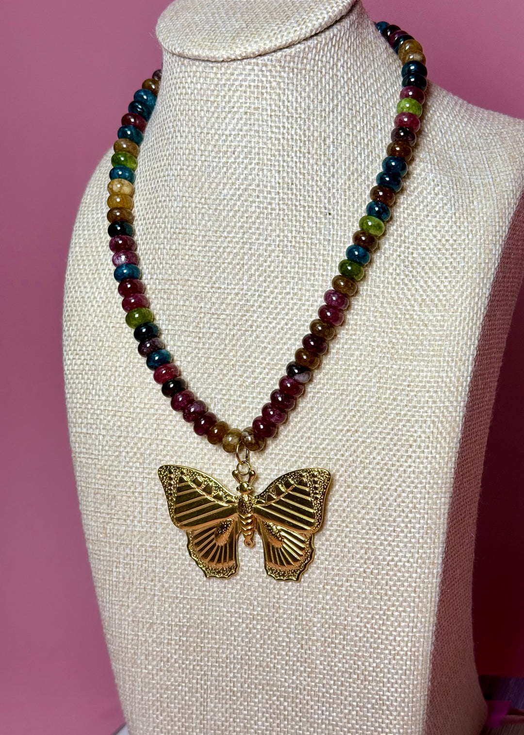 Mini Rondelle Bead Butterfly Necklace - Fall Tones