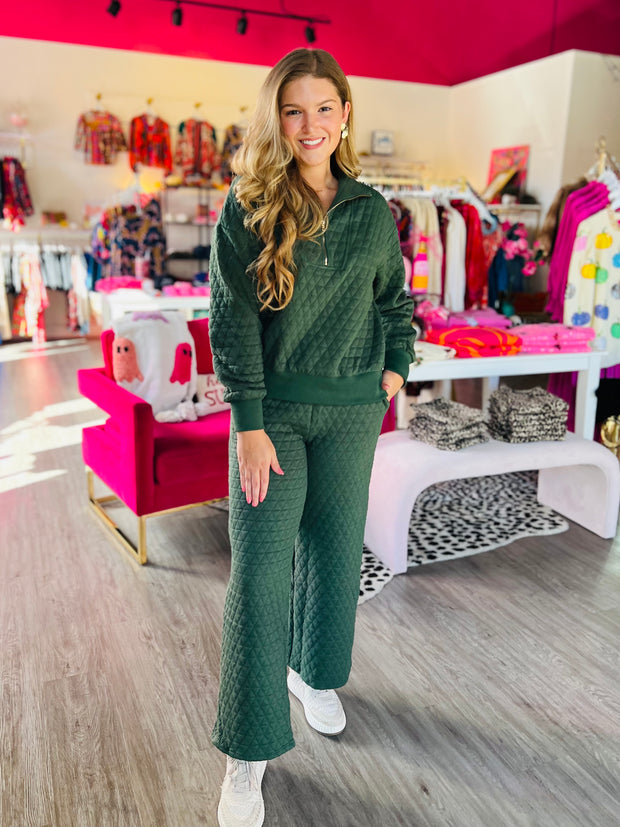 Quilted Zip 2Pc Top + Pant Set | FERN GREEN