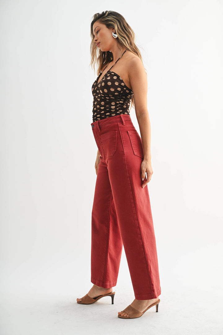 Patch Pocket Wide Leg Jeans | Burgundy