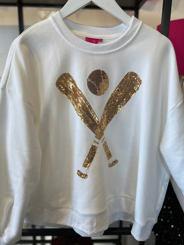 White and Gold Sequin Baseball Sweatshirt