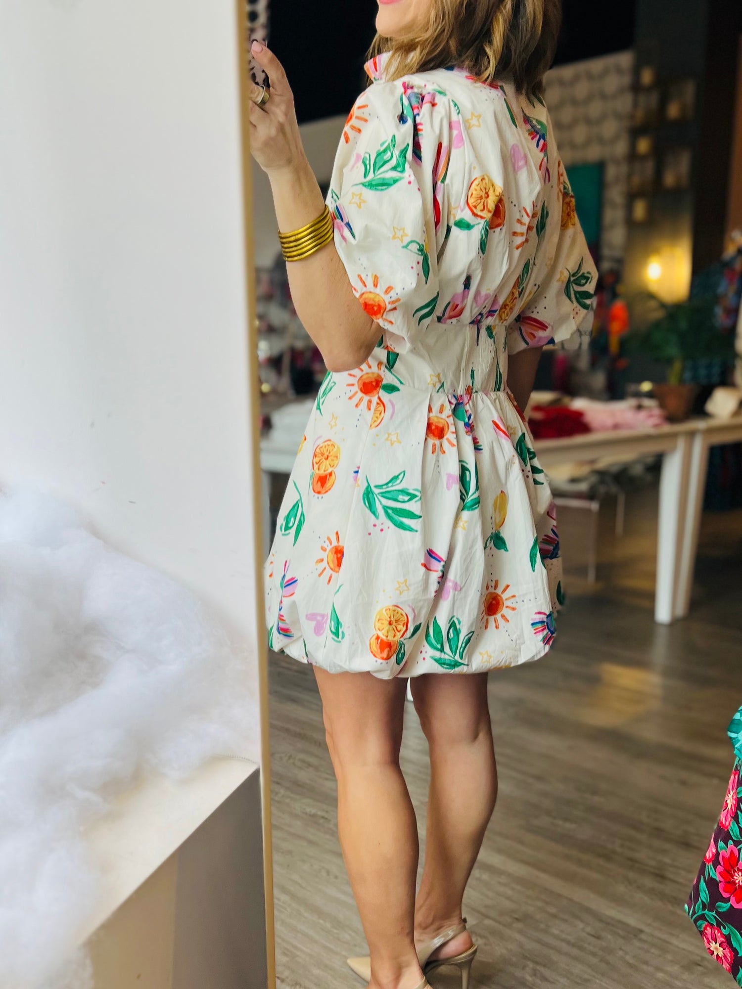 Toucan Fruit Bubble Hem Dress | White