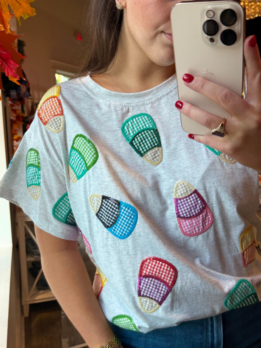 Multi Gingham Candy Corn Tee | Gray