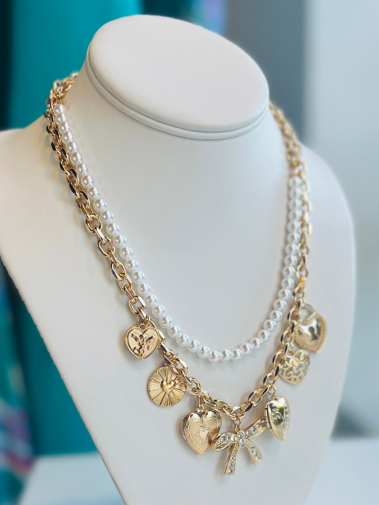 Pearl & Bow Layered Charm Necklace