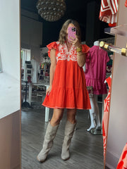 Teton Embroidered Dress | Orange
