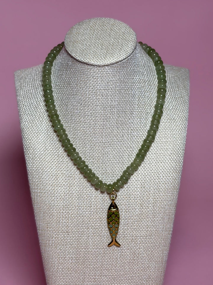 Mini Rondelle Bead Fish Necklace -  Olive