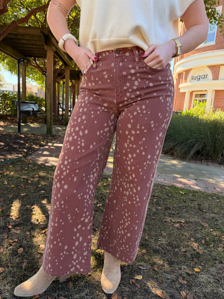Printed Hem Seamed Slim Wide Leg | Deer Print