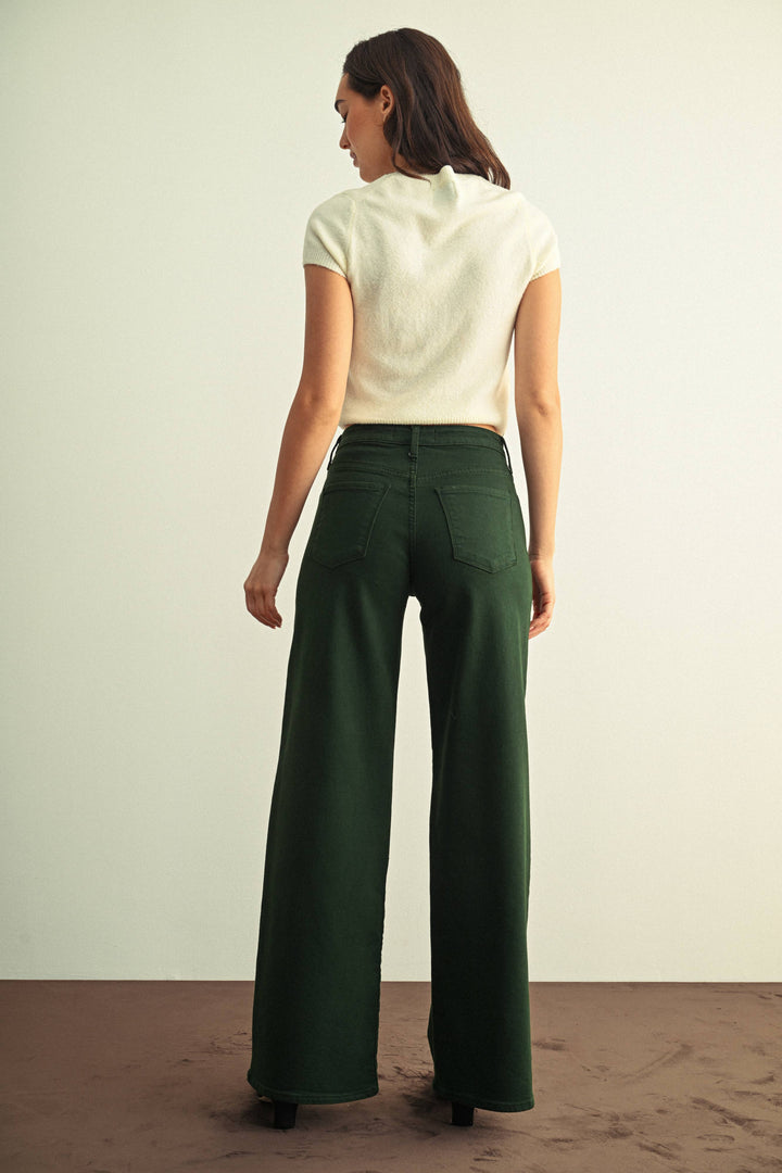 High Rise Stretchy Wide Leg Jeans | Forest Green