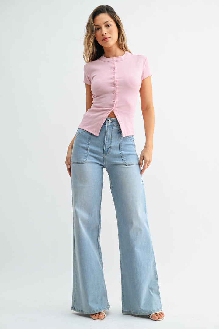 Patch Pocket Wide Leg Flare | Light Wash