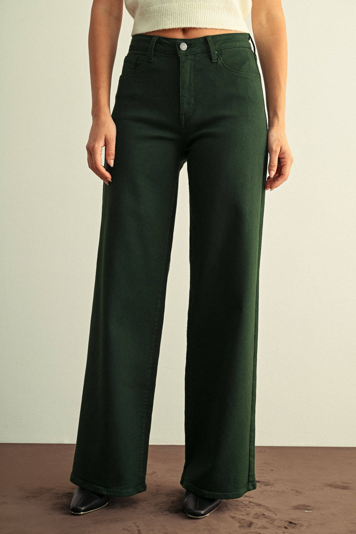High Rise Stretchy Wide Leg Jeans | Forest Green
