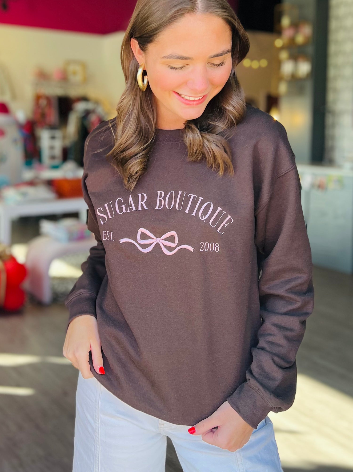 Sugar Boutique Bow Sweatshirt | Chocolate + Pink