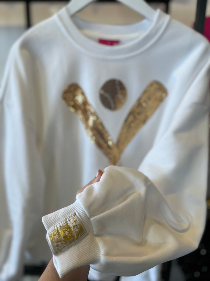 White and Gold Sequin Baseball Sweatshirt