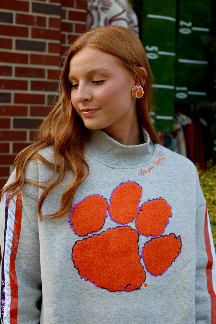 Mock Neck Sequin Stripe Sweatshirt | Clemson