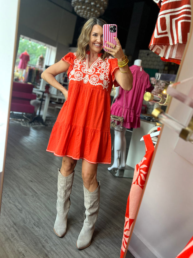 Teton Embroidered Dress | Orange